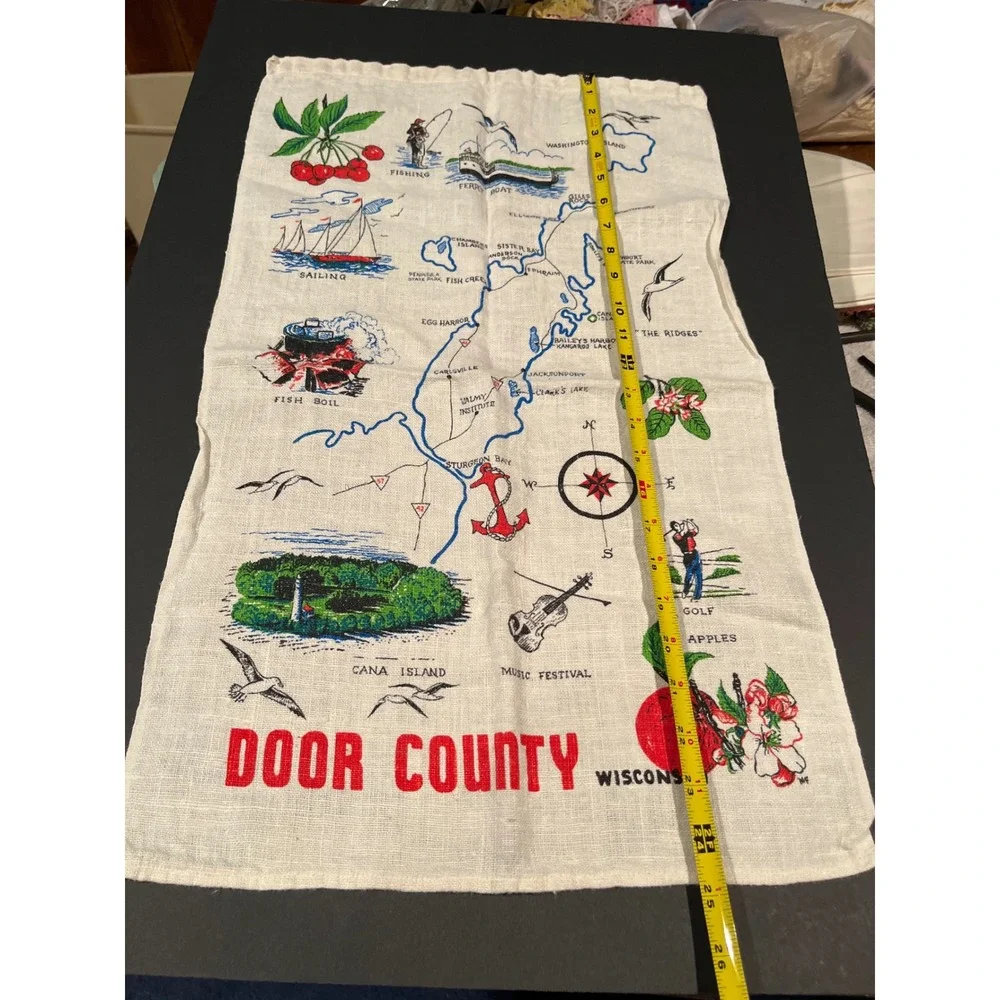 Vintage Door County Wisconsin Souvenir Map Linen Tea Towel Kitchen Decor 15x28